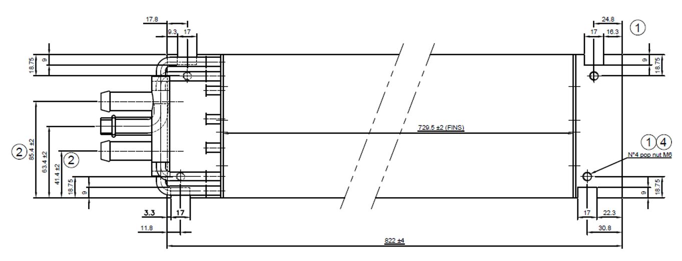 Evaporatore/Riscaldatore - Sup. Scambio (L x H x P): 729,5 x 126,8 x 111,5